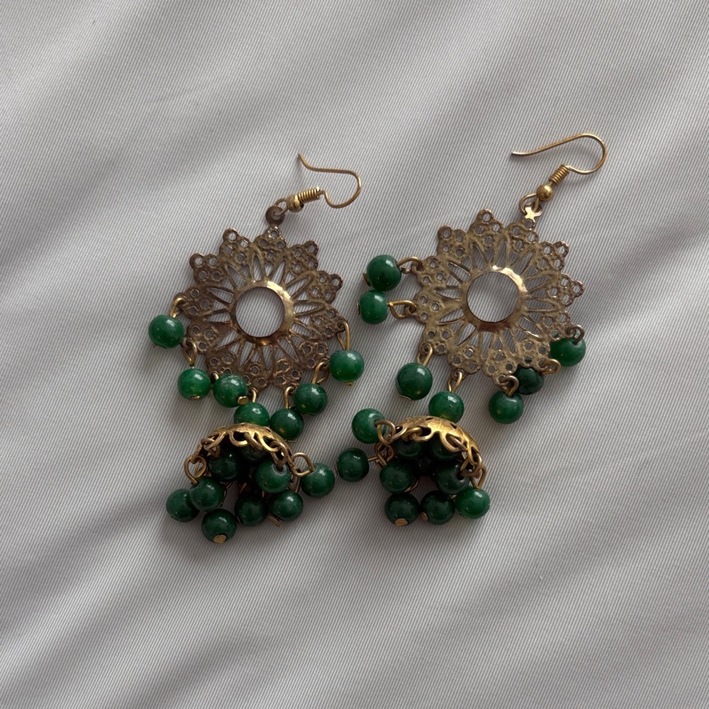 From India Elegant Gold and Green Dangle Earrings